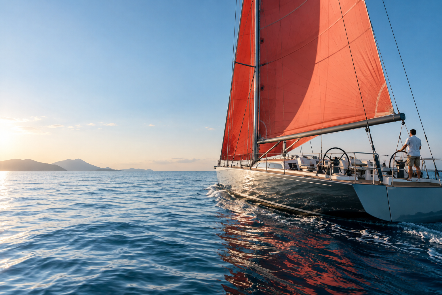 A red-sailed yacht choosing a course toward the horizon