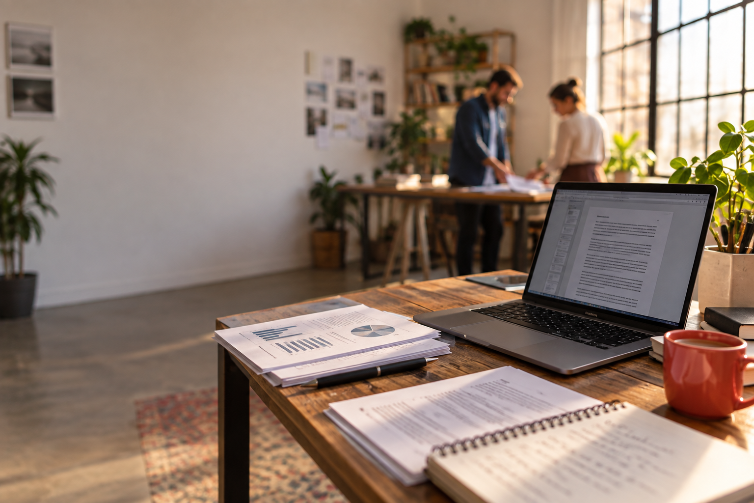 A working studio with a laptop, reports and coworkers keeping business moving