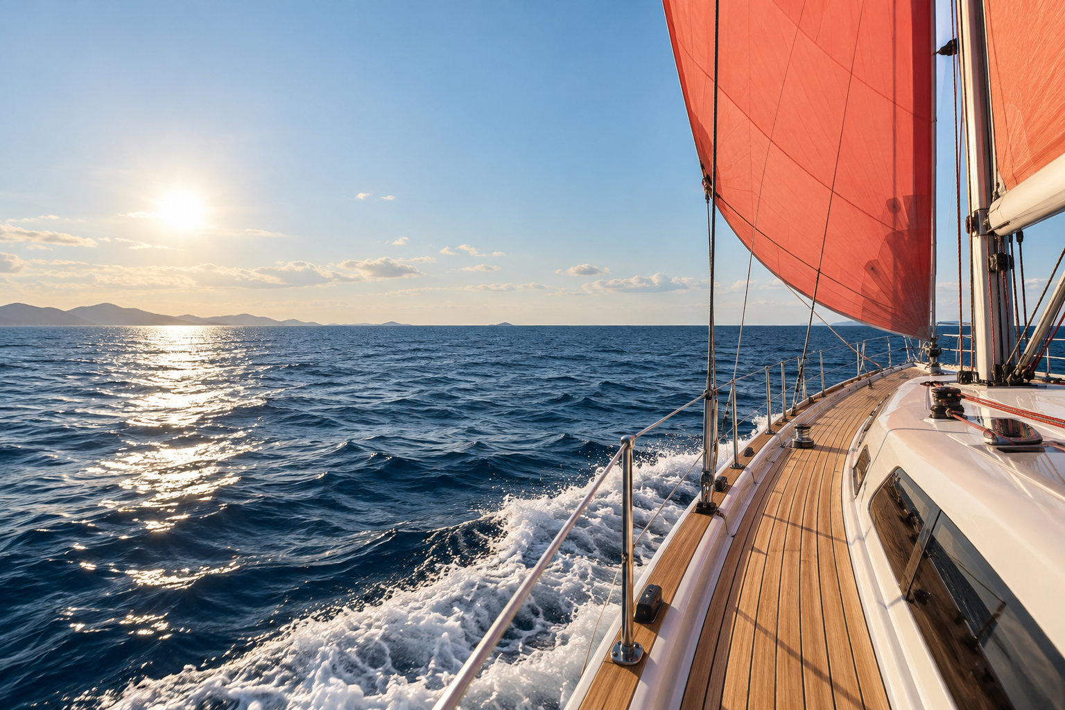 A yacht sailing forward beneath a coral red sail